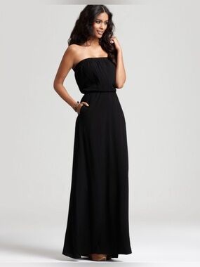Splendid Strapless Black Maxi Dress Side Slit & Pockets🤩